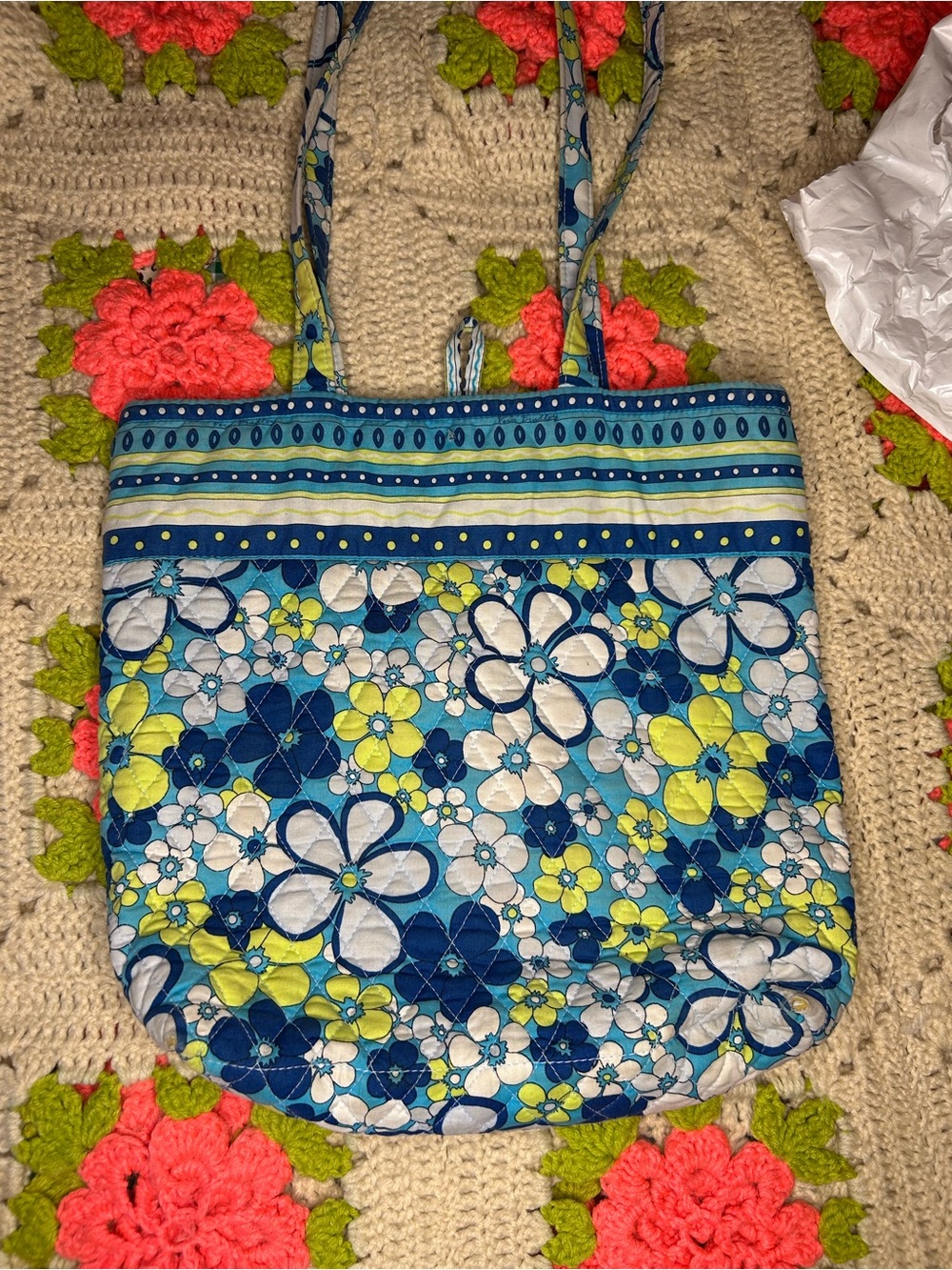 Vera Bradley Quilted Floral Tote Bag in Blue and Lime